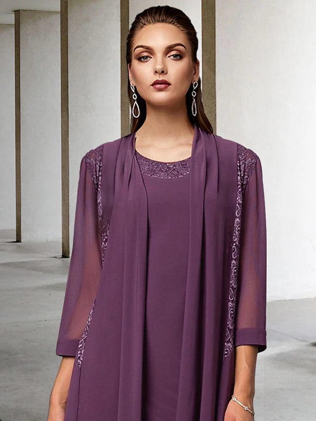 Luolandi Two Piece Sheath / Column Mother of the Bride Dress Elegant Jewel Neck Knee Length Chiffon Lace Sleeveless Jacket Dresses